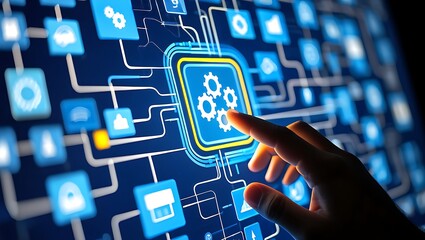 Human finger interacts with glowing digital interface displaying interconnected icons and data streams representing advanced technology and innovation