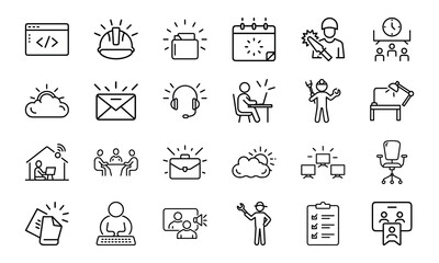 An icon pack featuring a diverse range of outline symbols for business, technology, productivity, and professional services.