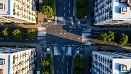 High-angle view of an urban intersection with apartment buildings.