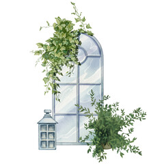 Watercolor illustration of ivy climbing on a window, fern bush and lantern. Lush foliage, leaves on a white background. For flower shops, printing on postcards, business cards, botanical prints, etc.