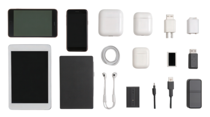 Digital Gadgets and Accessories: A flat lay of digital gadgets such as phones, tablets, and chargers, isolated on a Transparent background, PNG file.