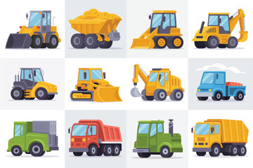 Collection of cartoon construction vehicles and trucks on a white background
