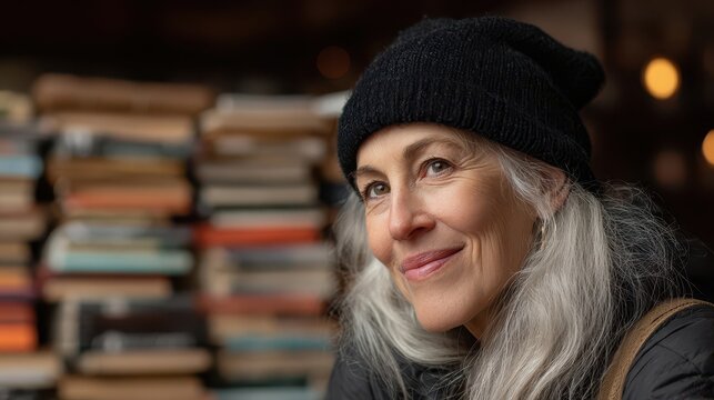 Smiling mature woman wearing beanie looking away with large stack of books in background