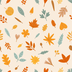 Autumn pattern. Hand-drawn seamless texture with different yellow leaves. Cartoon illustrations in flat style. Vector background 