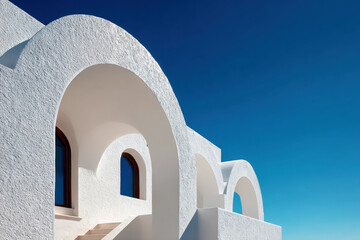 Minimalist Mediterranean architecture with white plaster arches and curved walls. Minimalist architectural style