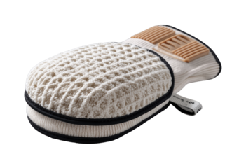 Exfoliating hand glove for skincare home spa beauty tool relaxing environment view isolated on transparent background, png