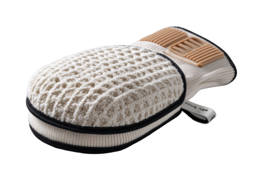 Exfoliating hand glove for skincare home spa beauty tool relaxing environment view isolated on transparent background, png