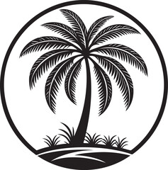 Obraz premium Black and white palm tree silhouette within a circular frame tropical
