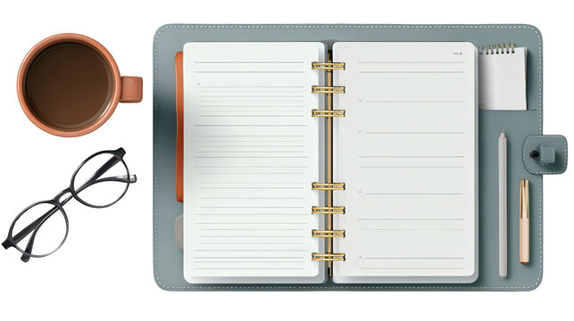 Digital Planner and Organizer: A flat lay of a digital planner and organizer, representing productivity, isolated on a Transparent background, PNG file.
