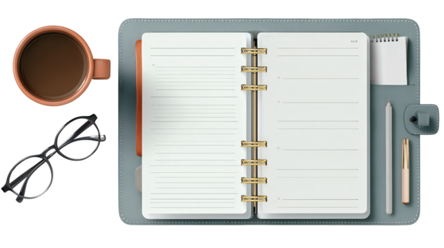 Digital Planner and Organizer: A flat lay of a digital planner and organizer, representing productivity, isolated on a Transparent background, PNG file. - Powered by Adobe