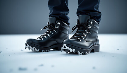 Heavy-duty alpine boots with crampons for icy terrain; isolated black leather mountaineering footwear with traction spikes.