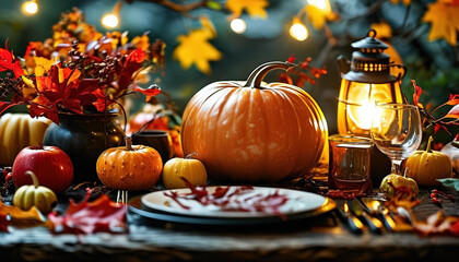Halloween themed picnic table setup with pumpkins candles and autumn leaves in garden