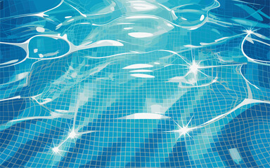 High-definition vector illustration of a clear swimming pool surface viewed from above, with caustic reflections, mosaic tiles, and gentle waves in vibrant blue and turquoise tones.