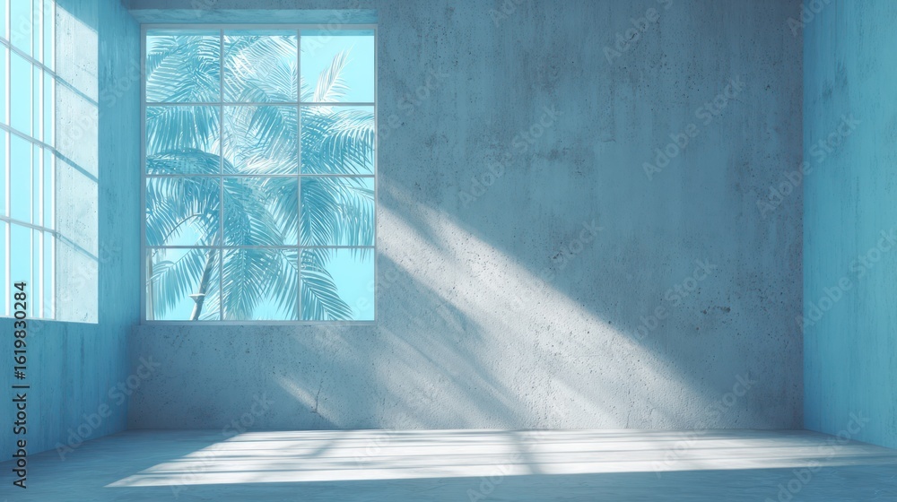 Poster bright, empty room with a large window and a view of palm trees on a sunny day