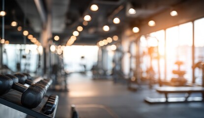 Fototapeta premium Gym interior, blurred focus on dumbbells (1)