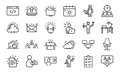 An icon pack featuring a diverse range of outline symbols for business, technology, productivity, and professional services.