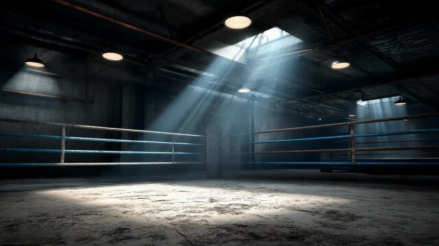 Eerie boxing ring shrouded in shadow, bathed in celestial beams: A canvas for gritty narratives