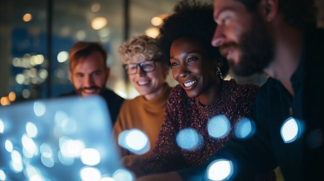 A diverse group of professionals engages enthusiastically over a laptop, collaborating in a modern office environment under ambient lighting.