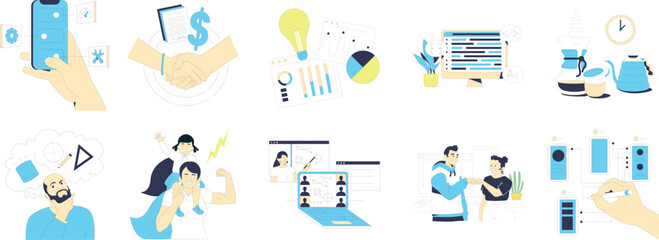 Fototapeta premium Business and Technology Flat Illustration Set – Digital Marketing, Customer Support, Data Analysis, and Mobile Payment