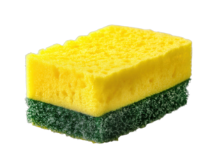 Cleaning action with a yellow sponge in a kitchen focus on everyday use and functionality isolated on transparent background, png