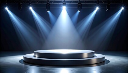 Empty stage podium illuminated by spotlights
