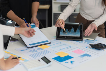 Project manager working and update tasks with milestones progress planning and professional investor working new start up project in the office.