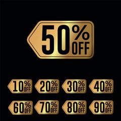 Promotion hold tag. Special offer discount on red tags shapes with different value percent off 90, 80, 70, 60, 50, 40, 30, 20, and 10%.