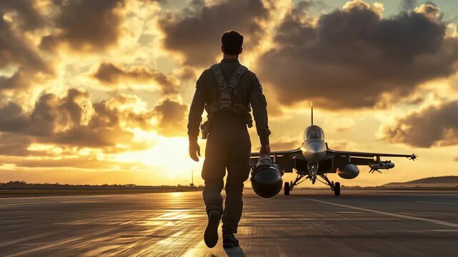 A pilot approaches a fighter jet on the tarmac at sunset, ready for a mission at a military airbase