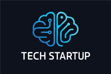 Vector logo representing a tech startup, featuring a stylized brain made of circuits in gradient blue, symbolizing innovation, AI, and digital technology.