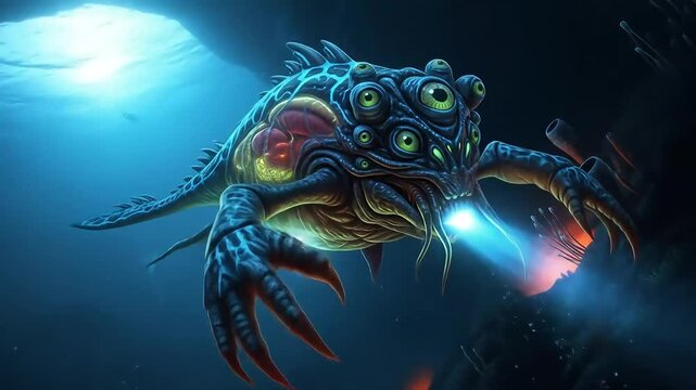 A multieyed alien crablike creature with glowing blue accents swims in dark water