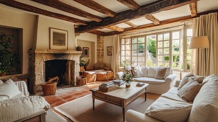 Fototapeta premium A warm and inviting living room with a stone fireplace, wooden beams, and comfortable sofas. .