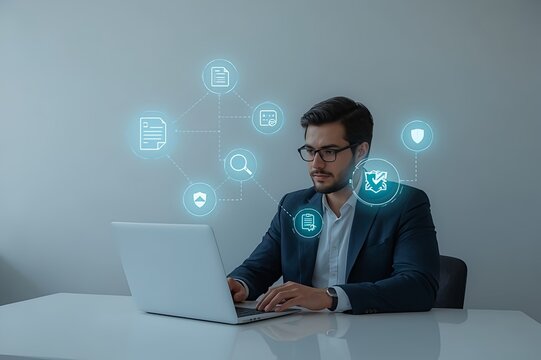 Businessman working on a laptop. Automated data and invoice processing document concept.
