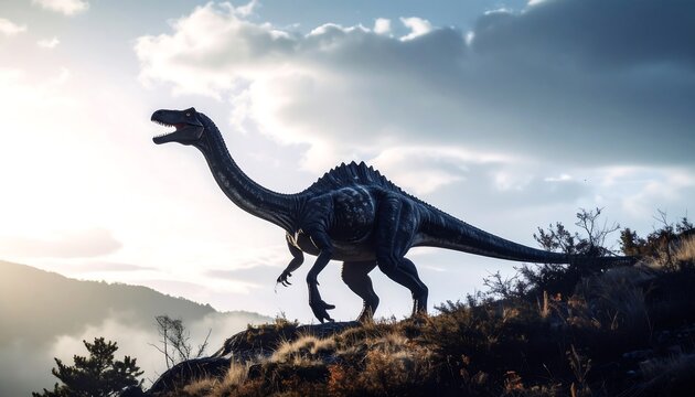 Dinosaur silhouette on mountaintop at sunrise - Powered by Adobe