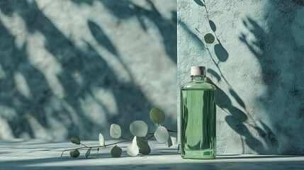 Eucalyptus oil bottle near eucalyptus branches on a concrete background .