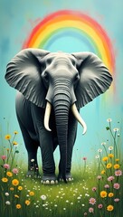 elephant in a meadow with rainbow background