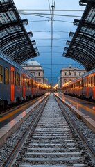 Twilight at the Scenic Railway Hub Illuminated Platform with Elegant Arches and Dusk Light