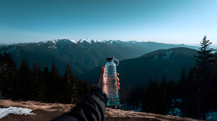 Drinking bottles among the mountains
