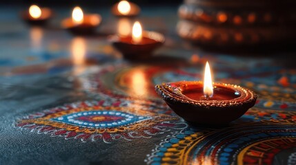 Burning diya illuminating colorful rangoli during Diwali festival celebrations