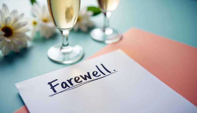 Celebration farewell scene with champagne glasses and flowers on a vibrant surface with copy space