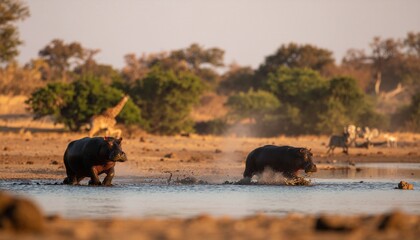 L'ora dorata della savana due ippopotami si muovono nelle acque basse mentre la luce del tramonto dipinge di oro il paesaggio africano