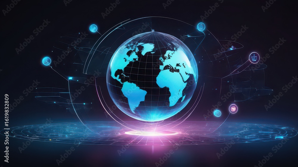 Poster a glowing globe with continents surrounded by digital icons and abstract lines on a dark background