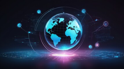 A glowing globe with continents surrounded by digital icons and abstract lines on a dark background