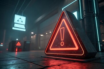 Glowing red triangular warning sign with exclamation mark triangle neon