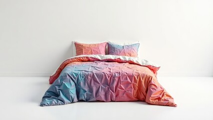 Colorful pleated duvet cover set on a bed.