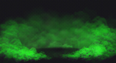 Green Smoke effect on transparent dark background. Fog cloud above the floor surface with an empty spot