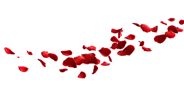 Red rose petals scattered in a flowing swathe against black