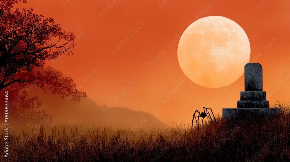 Poster graveyard with a large moon in the sky. the moon is casting a shadow on the ground