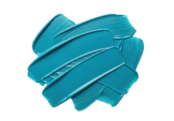 Vibrant teal blue paint brush strokes with varying thickness and transparent areas, dynamic fluid texture, isolated on a clean white background with copy space, ultra-realistic top-down view, concept