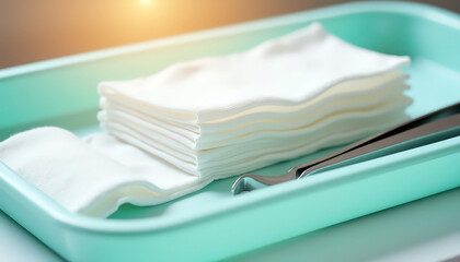 Stack of clean white medical gauze pads and steel surgical tool in a teal tray for healthcare or medical procedures with copy space