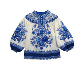 Traditional floral embroidered blouse fashion showcase textile front view isolated on transparent background, png